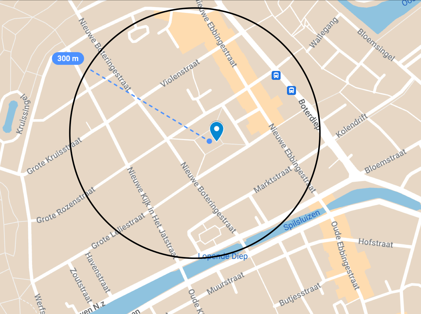Kaart van Groningen gebruikt voor Naakte Zaterdag met cirkel met straal van 300 meter
